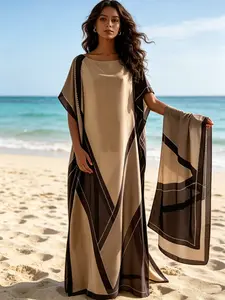 1Robe+1 Scarf Khaki Brown Contrast Geometric Line Printed Robe Dress Set Large Ship Collar Loose Flesh Covering Long Dress+Scarf Bohemian, Summer Vacation Style Long Dress Vacation/Daily Flesh Covering and Slimming Two Piece Set