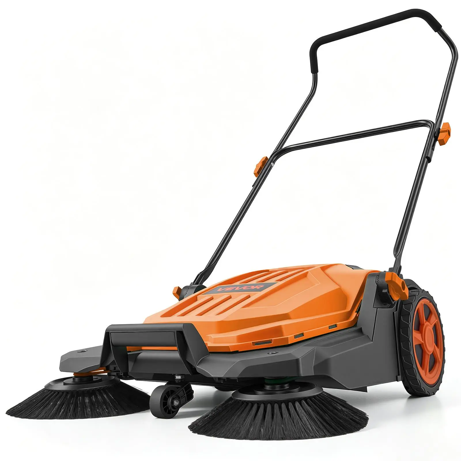 VEVOR Walk-Behind Hand Push Floor Sweeper, Manual Floor Sweeper Non-Electric with 25.6" Sweeping Width, 5 Gallons Waste Container & Adjustable Folding Handle for Yards Walkways Patios Garages - Orange