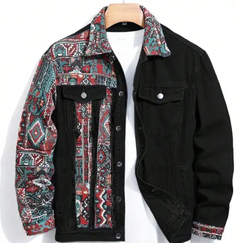 Men's Ethnic Pattern Embroidery Denim Jacket, Loose Casual Long Sleeve Button Front Outerwear for Spring & Fall, Fashion Men's Clothes for Daily Wear