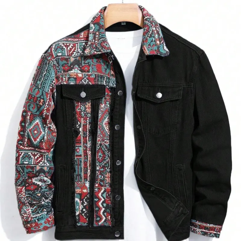 Men's Ethnic Pattern Embroidery Denim Jacket, Loose Casual Long Sleeve Button Front Outerwear for Spring & Fall, Fashion Men's Clothes for Daily Wear
