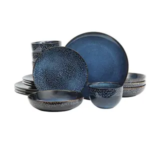 Gibson Elite Matisse 16-Piece Dinnerware Set – Double Bowl Reactive Glaze Cereamic Stoneware in Blue – Plates and Bowls Sets for 4, Microwave & Dishwasher Safe, Rustic Modern Design