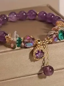 Classic Amethyst Beaded Crystal Bracelet with Cubic Zirconia, Uncoated Fashion Jewelry for Women, Perfect Gift for All Seasons