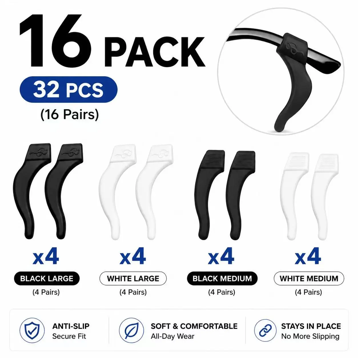 16-Pack Silicone Eye Glasses Ear Grippers, Anti-Slip Ergonomic Soft Flexible Temple Tip Retainers for Sunglasses, Reading Glasses (Sports, Daily Use)