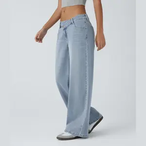 Women’s asymmetrical low-rise washed casual jeans with a loose wide leg, zipper pockets, and a personalized high-waisted straight-leg design