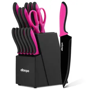 15Pcs Kitchen Knives Set with Block and Self-Sharpening, Ceramic Coating, German Stainless Steel, Knives Sharp Blade, Dishwasher Safe, Knife Block Set with Ergonomic Handle, Cool Black