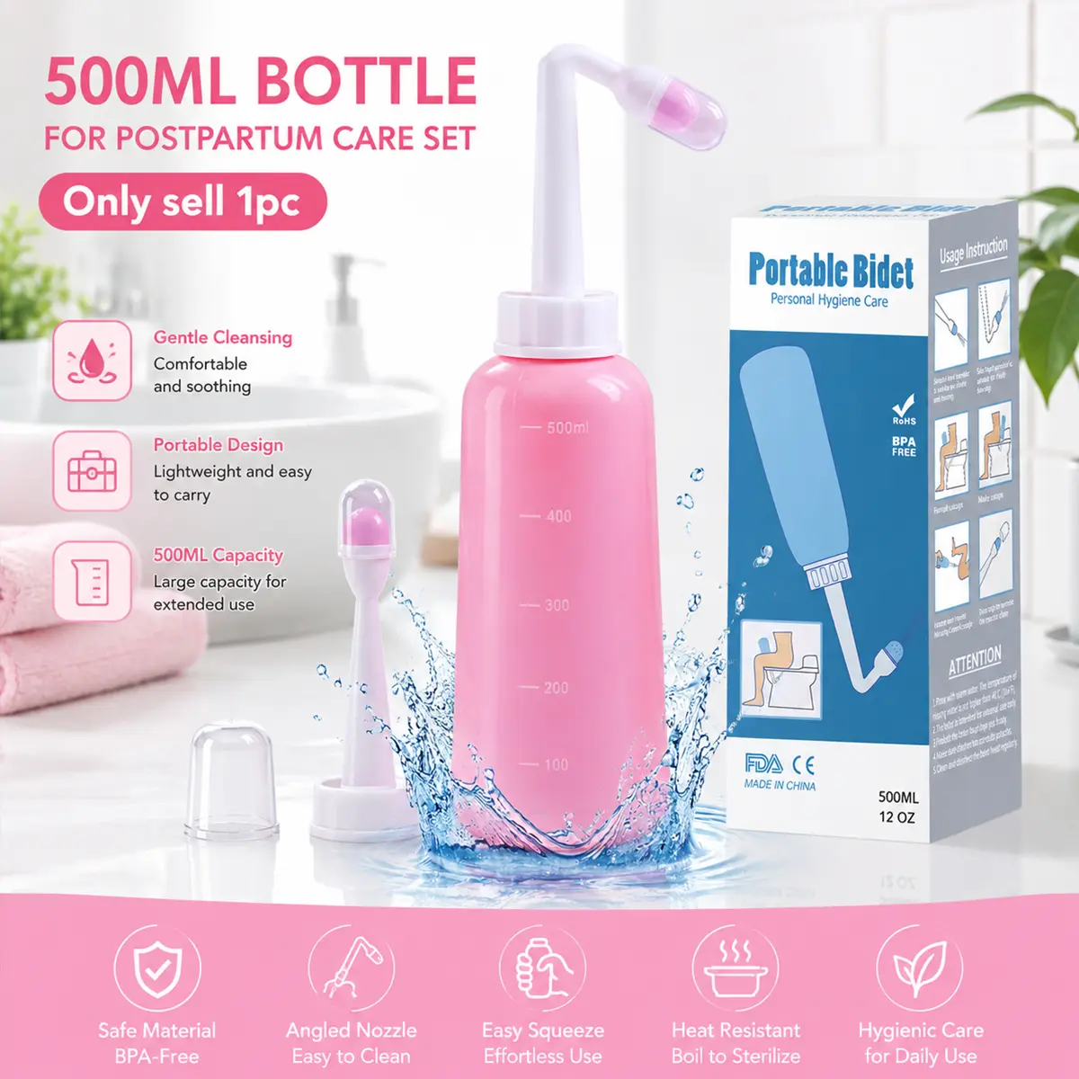 500ML Bottle for Postpartum Care set, with Storage Bag & Direct Injection Nozzle, Portable Handheld Upside Down Peri Bottle with Cover, Perineal Care, 2 in 1 Bidet, Portable Design, for Women everyday hygiene or Bedridden Patient (Pink)