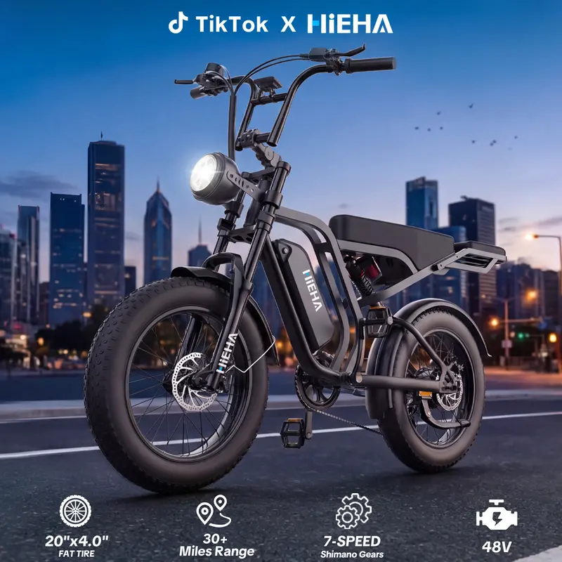 【HiEHA】Adult High-Speed Commuting All-Terrain E-Bike - 750W Peak Power, 28MPH Max, 30+ Miles Range, Full Suspension Ride, 20"×4.0" Fat Tires, Removable 48V Fast-Charging Battery, UL 2849 Certified, Energy-Saving, TikTokShopBlackFriday