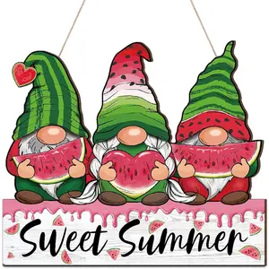 Summer Gnomes Watermelon Wooden Door Hanging Sign Farmhouse Summer Home Decor for Home Garden Indoor Outdoor Decorations