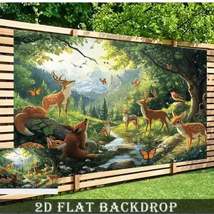 Reusable 1PC 2D Flat Outdoor Decor Backdrop, Summervibes Forest Animal Theme with Fox, Deer, Butterflies & Stream Design, Waterproof-Sunproof, Ideal for Courtyard, Garden Fence Decoration,summervibes