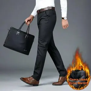 Men's High Stretch Formal Dress Pants Slim Fit Wrinkle Resistant Business Casual Trousers Black Fleece Lined Extra Warmth - Polished Look