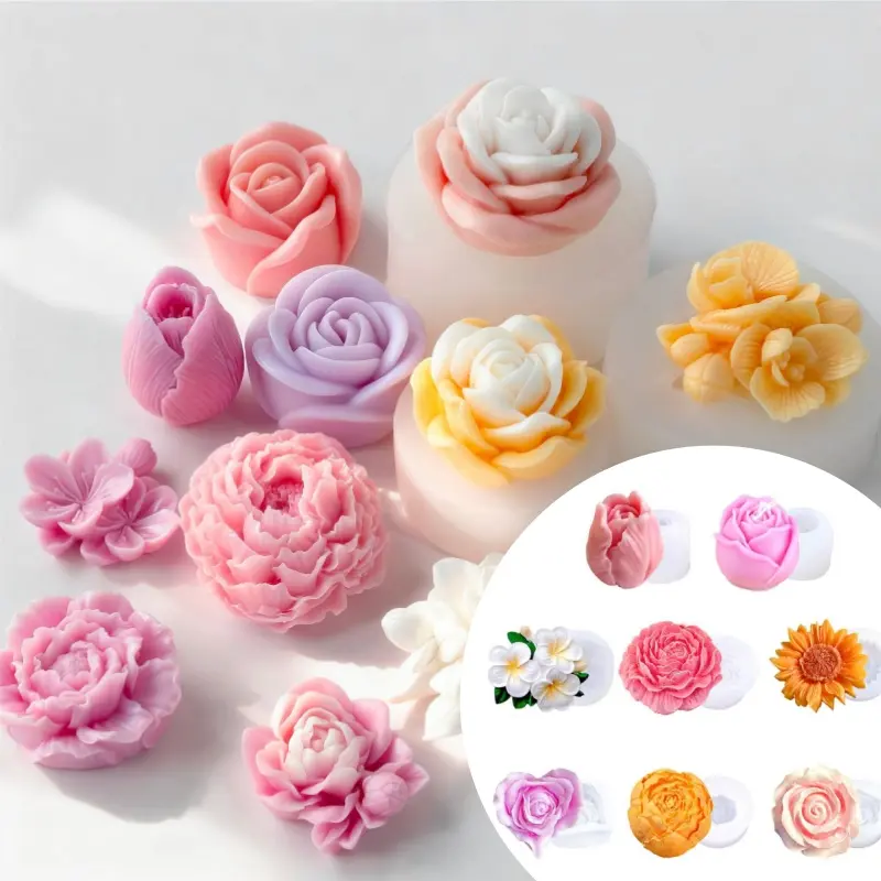 Flower Silicone Molds set, 3D Rose, Tulip, Sunflower & Plumeria Candle Molds for DIY Scented Candles, Soap, Resin, Chocolate, Dessert Making