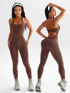 Women's Leopard Print Knit Yoga Jumpsuit, High Elastic Waist, Slim-Fitting, Long Sleeve, Casual Fashion, All Seasons, Sporty Jumpsuit, Workout Jumpsuits, Sporty Comfy Jumpsuit, Sportswear Jumpsuits