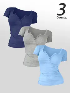 Women's Casual Plain Short Sleeve Round Neck Top with Buttons, Comfortable Fabric, 3 Piece Set, 15 Color Options