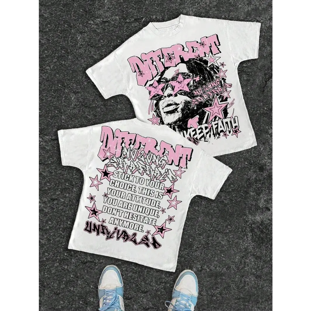 Mens Oversized Graphic Tee Streetwear Short Sleeve Crewneck Y2K Star Print Portrait Design Washed Cotton Soft Casual Summer Outfit Gift