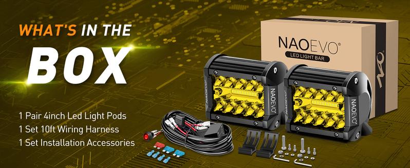 NAOEVO 4 Inch LED Pod Lights, Spot Flood Amber Lights with 2 Leads Wiring Harness, Cube Pods for Truck, Boat, ATV, UTV, 2 Pcs (Yellow)