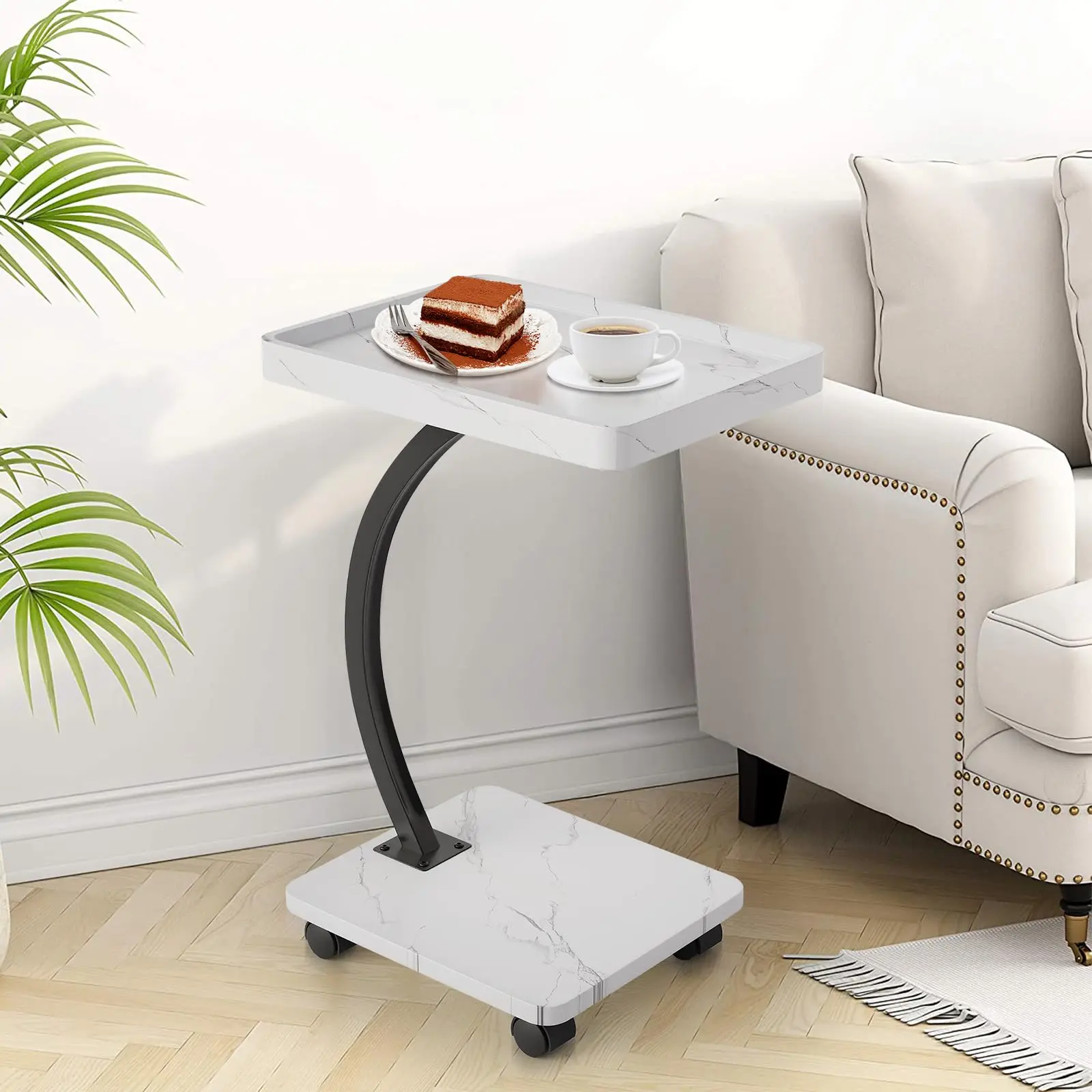 C-Shaped Bed Side Table with Wheels - 360° Rotating Sofa End Table with 2-Layer Storage, Adjustable Height TV Tray/Sofa Table/Coffee Table/Night Stand, 50LBS Capacity for Living Room/Bedroom Small Spaces