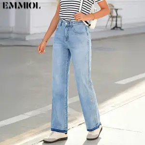 EMMIOL Women's Straight Wide Leg Rhinestone Jeans Trendy High Waisted Sparkly Bling Glitter Denim Pants Boyfriend