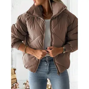 Women's Warm Quilted Puffer Jacket - Full-Zip Long Sleeve Bubble Coat with Beltless Design & Pockets, Loose-Fit Cropped Length, Machine Washable Winter Outerwear for Layering (Casual & Semi-Formal) - Solid Color (Brown/Black/White