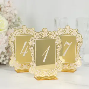 Wedding Table Numbers 1-10 – Gold Mirror Arch Acrylic with Baroque Lace Border, White Print & Stands for Elegant Receptions - 5"x7"