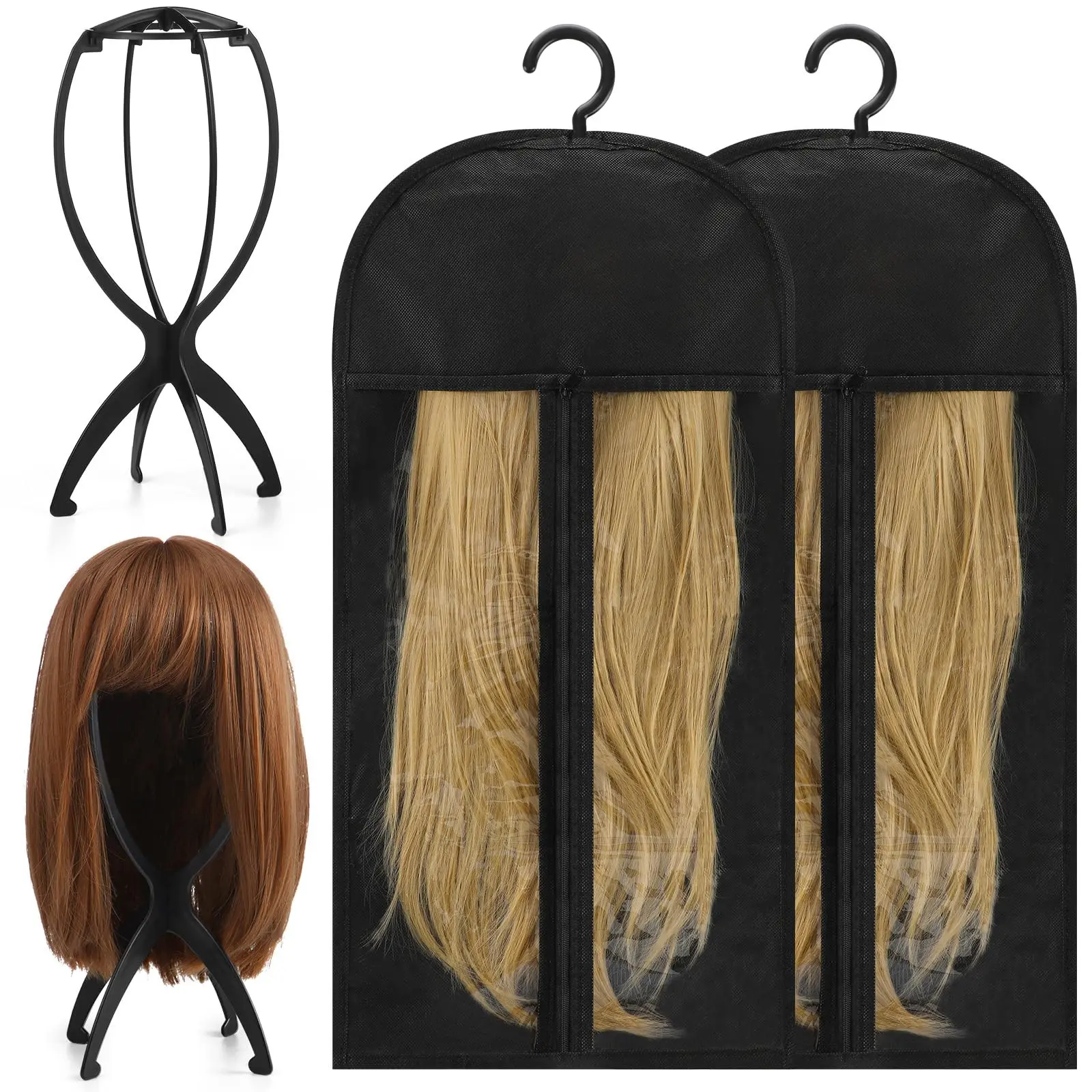 4-Piece Wig Storage and Stand Set - 2 Pcs Anti-Dust Wig Carrier Bags with Hangers & 2 Pack Portable Wig Head Stands for Travel, Hair Extensions Display, Home Salon Use, Black