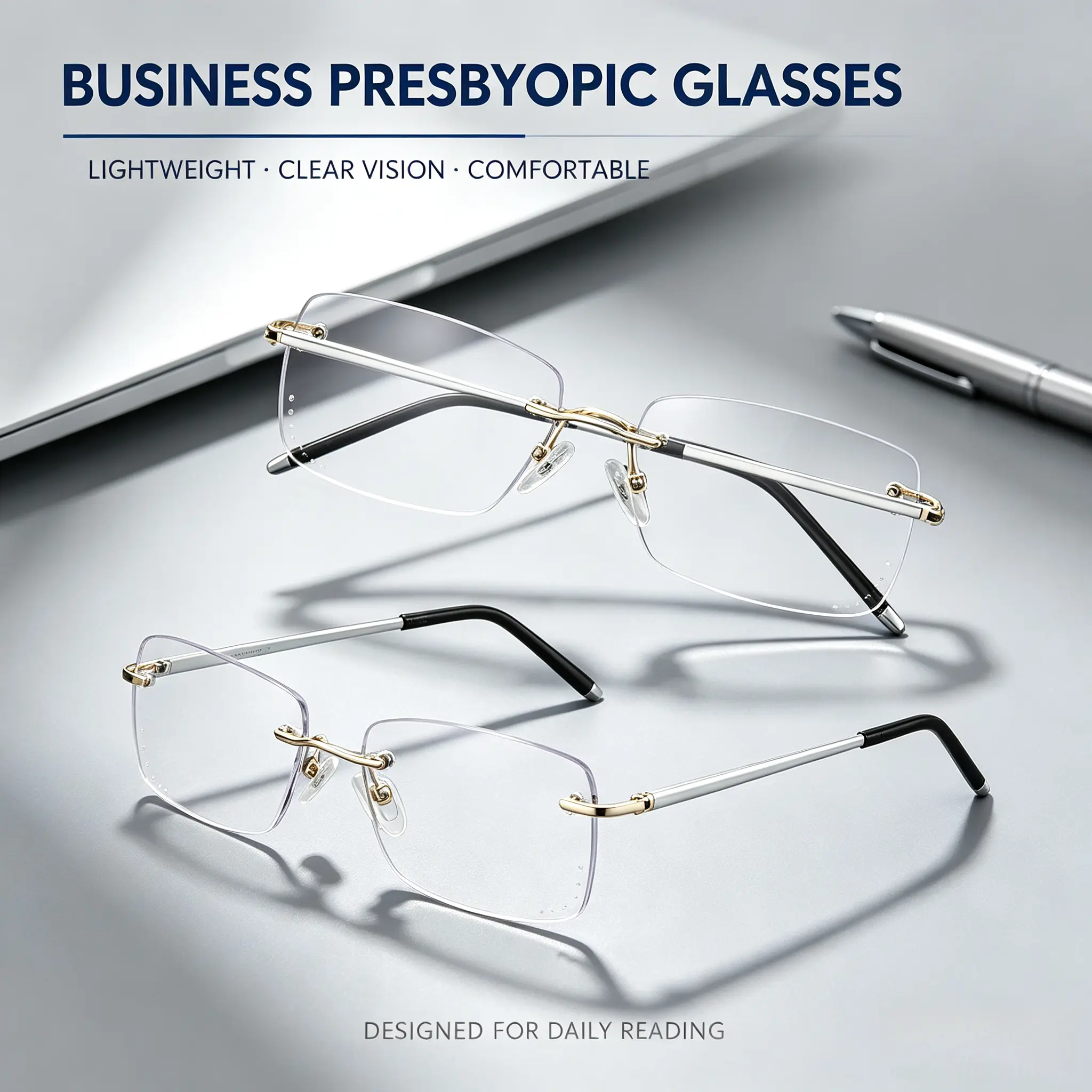 HD Anti Blue Light Rimless Reading Glasses, Lightweight Frameless Readers for Men & Women, Clear Vision Magnifying Glasses with Multiple Strengths
