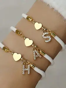 Classic A-Z Initial Letter Heart Bracelet for Women, Adjustable Cord, Zirconia Embellished, Fashion Jewelry