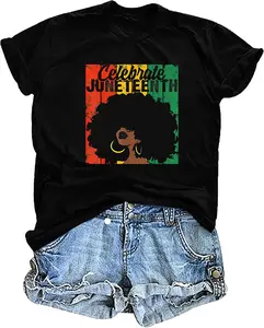 Women's Short-Sleeve Seamless Fabric Juneteenth Tee, 1865 Black Freedom Celebration Top, Afro-American Culture Streetwear Piece PLK0218