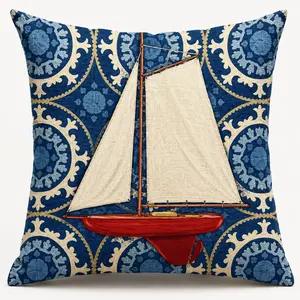 Huglina Coastal Sailboat Throw Pillow, 18x18 Inch Full Decorative Pillow with Insert Included, Nautical Beach House Accent Cushion, Vintage Blue Sailboat Pillow for Living Room Bedroom Decor