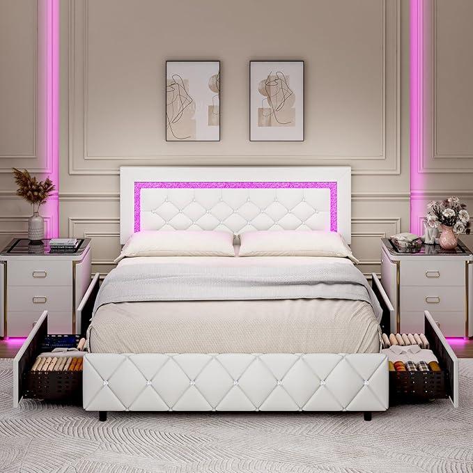 HOMBCK Bed Frame with Lights and Drawers, No Mattress, Diamond Headboard, Faux Leather, Modern Style, No Box Spring Needed, Easy Assembly HOMBCK Bed Frame with Lights and Drawers, No Mattress, Diamond Headboard, Faux Leather, Modern Style, No Box Spring Needed, Easy Assembly