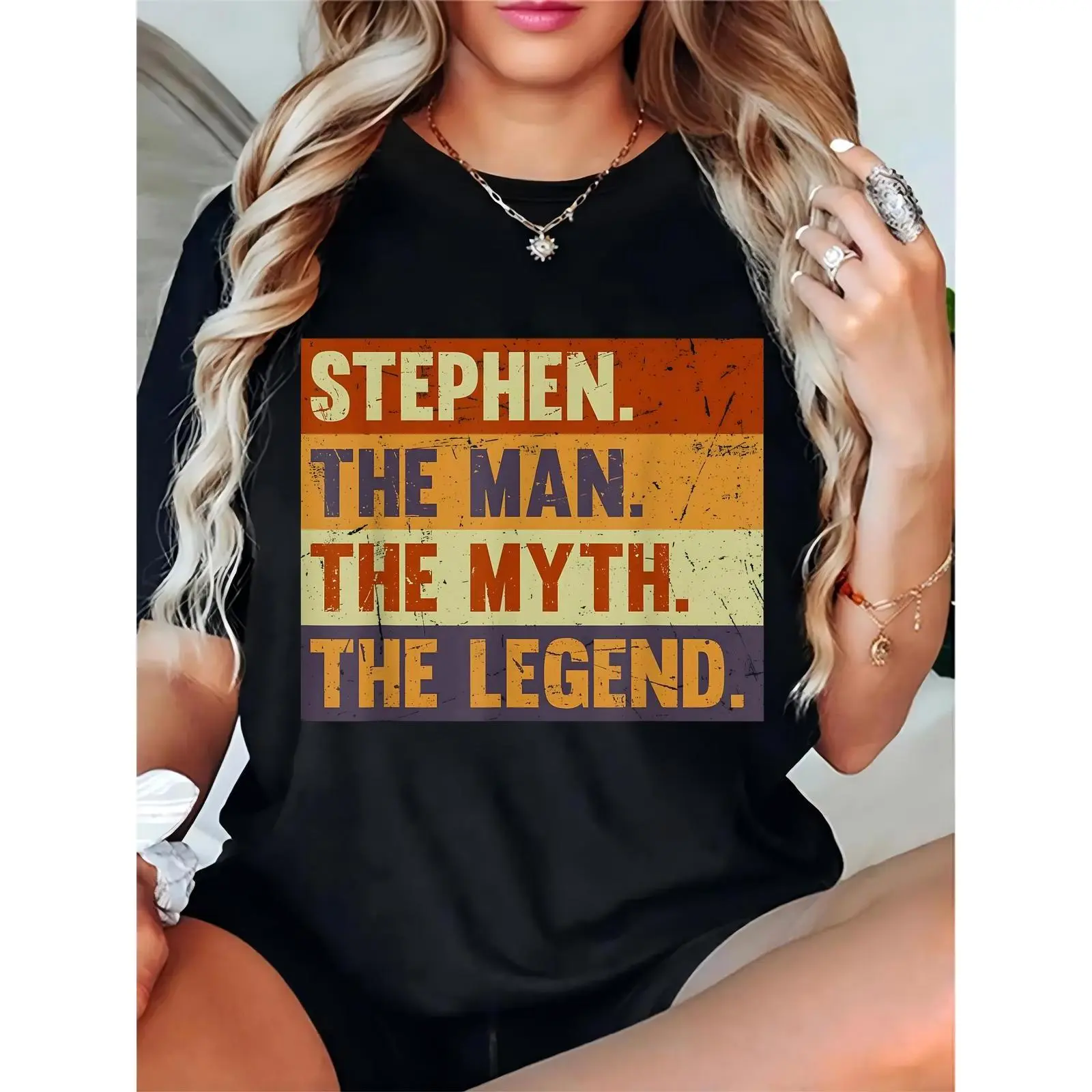 Women's Retro Graphic T-Shirt with 'Stephen The Legend' Print, Casual 100% Cotton Streetwear Top, Lightweight Breathable Comfortable Round Neck, Shortsleeve, Tshirt, Fit, Relaxed Fit, Short Sleeve, Crew Neck, Loose-Fitting