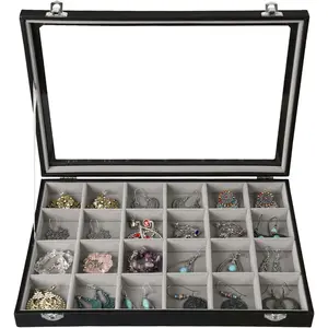 Earring Organizer   Organizer Box 24 Grid Earring Tray  Display  Storage  Trays For Drawers  Display Case With Clasp (Gray Black)