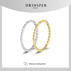 Drinsper Minimalist Twist S925 Sterling Silver Ring for Men Women Girls Layered Stacking Wearing Simple Elegant Style Suitable for Daily Wearing