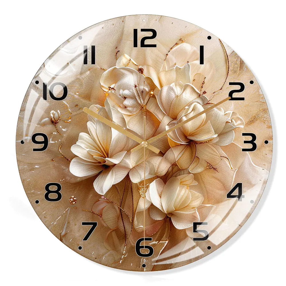 Elegant Glass Wall Clock Silent Non-Ticking Abstract Floral Art Decorative Clock Cream Flower Design Battery Operated Flower Design for Living Room Bedroom Office 12/16/24 Inch