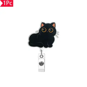 1PC Cartoon Cute Black Cat Retractable ID Lanyard Clip with Pull Tab Pet-Style Badge Holder, Ideal for Healthcare Workers or Office Gifts, Retractable Badge Reel