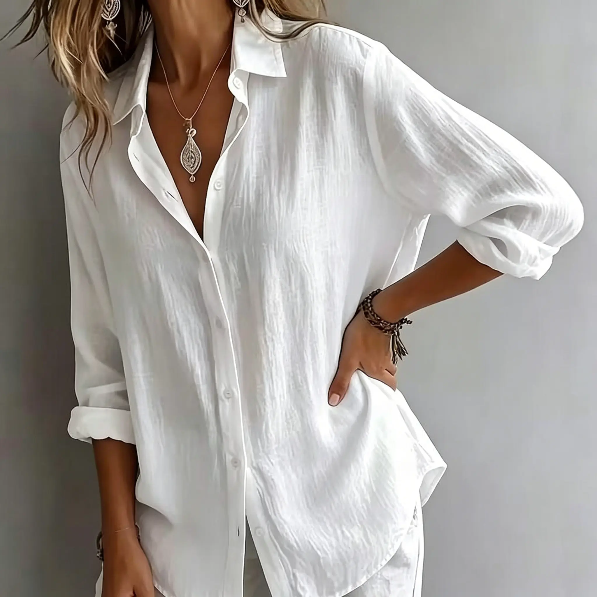 Women Lapel Long Sleeve Shirt Single‑Breasted Pleated Blouse Casual Office Dressy Tops For Daily Work