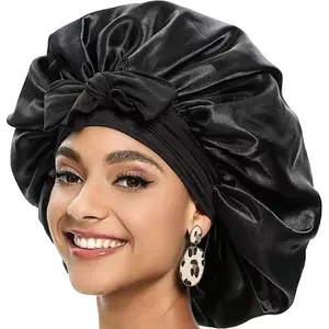Silk Bonnet for Sleeping n Double-Layer Shower Caps with Adjustable Tie Satin Bonnet Hair Wrap with Elastic Wide Band Sleep Cap for Curly Hair Night Cap Black