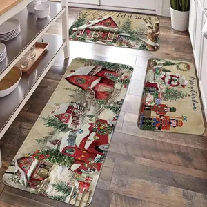 2/3pcs Retro Christmas Kitchen Carpet Floor Mat, Retro Rural Snow Scenery, Christmas Tree, Santa Claus Pattern Anti slip Floor Mat, Suitable for holiday kitchens, entrance doors, laundry rooms, bathrooms, living rooms, rooms Christmas decoration floor mat