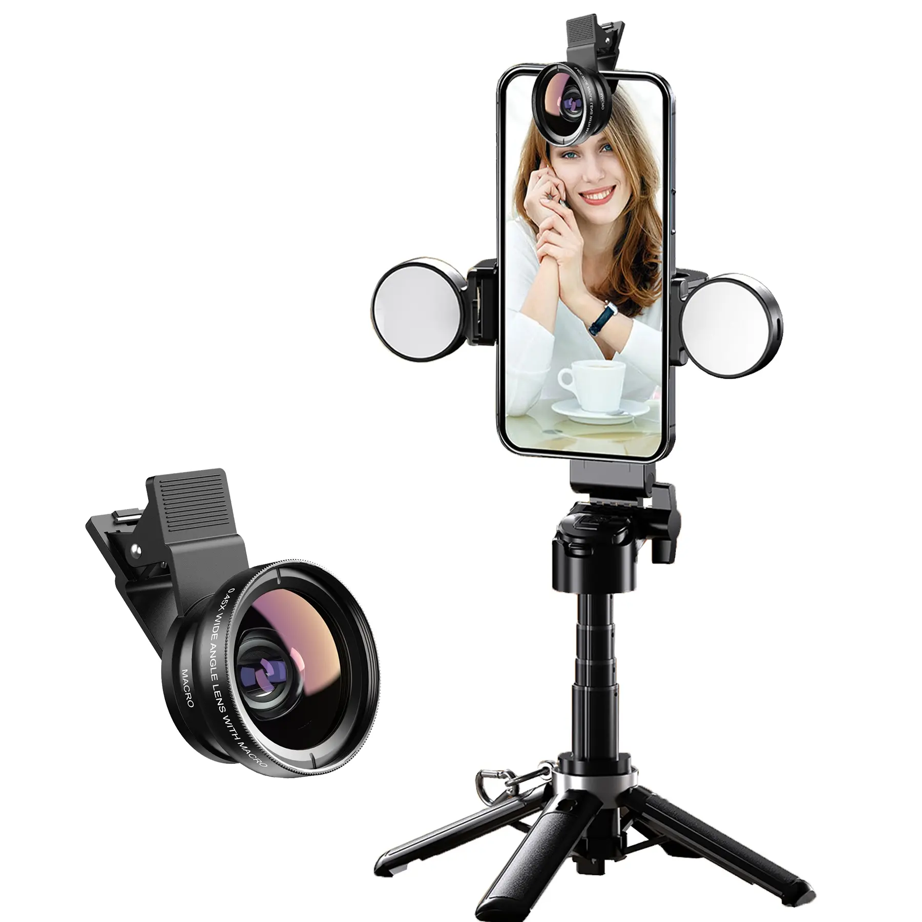 Black selfie stick with fill light and lens