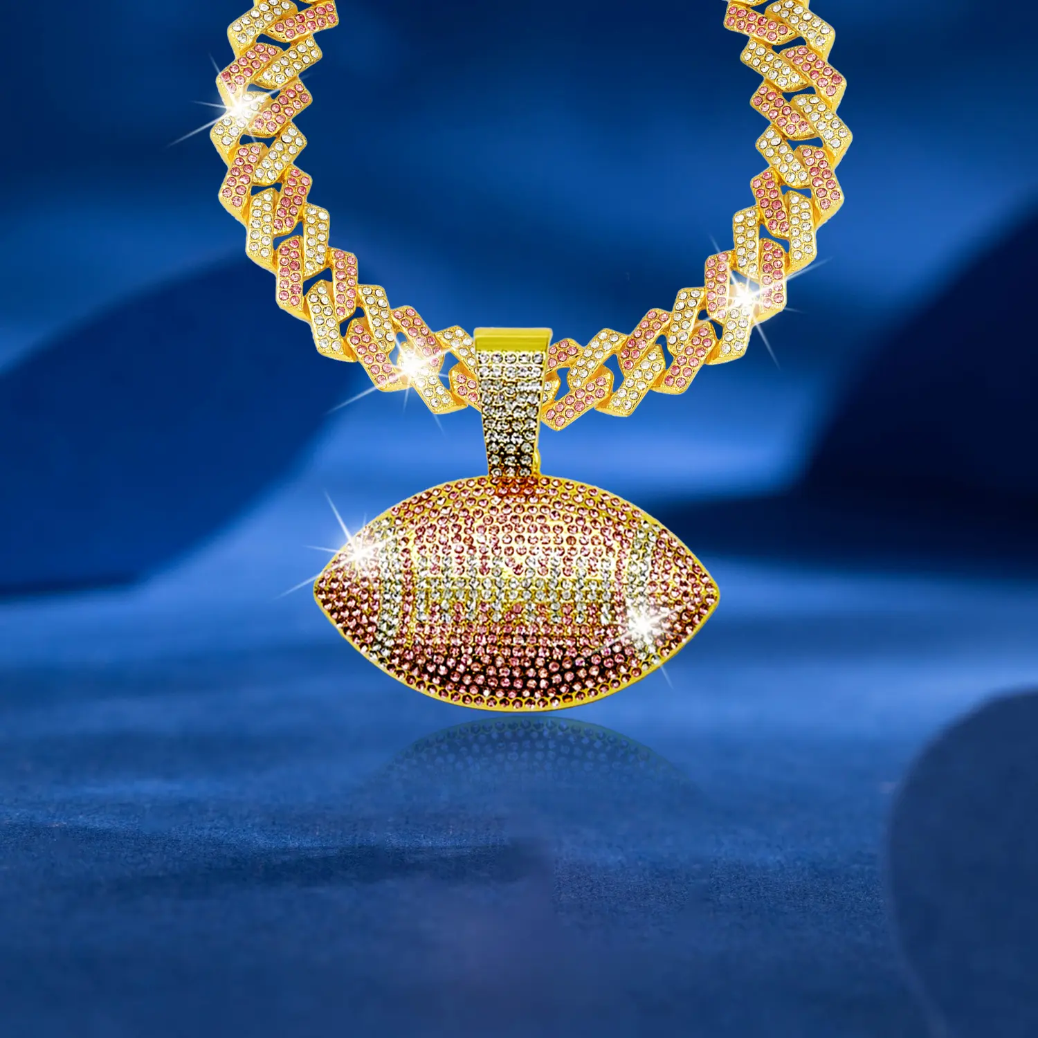 Hip-Hop Full Diamond Cuban Necklace - Football-Shape Rhombus Design, 2-Color Splicing, Light Luxury Texture, Wear-Resistant, Fade-Resistant, Suitable for Daily Commuting & Parties