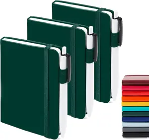 3 Pack Pocket Notebook Journals with 3 Black Pens, A6 Mini Cute Small Journal Notebook Bulk Hardcover College Ruled Notepad with Pen Holder for Office School Supplies, 3.5x 5.5, Dark Green