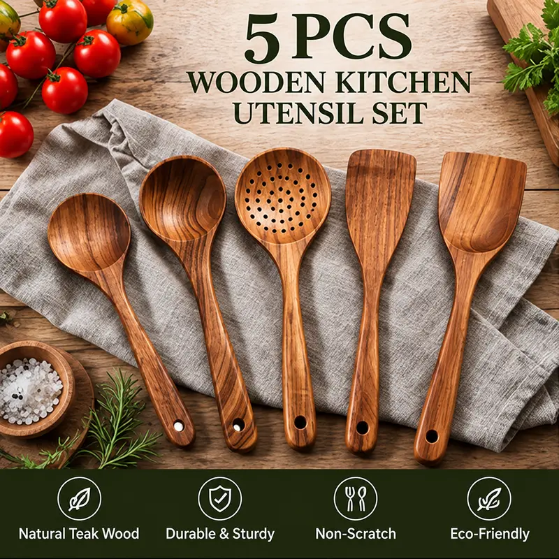 5-Piece Teak Wooden Kitchen Utensil Set – Cooking Spoons, Spatulas & Slotted Spoon, Non-Scratch for Nonstick Cookware