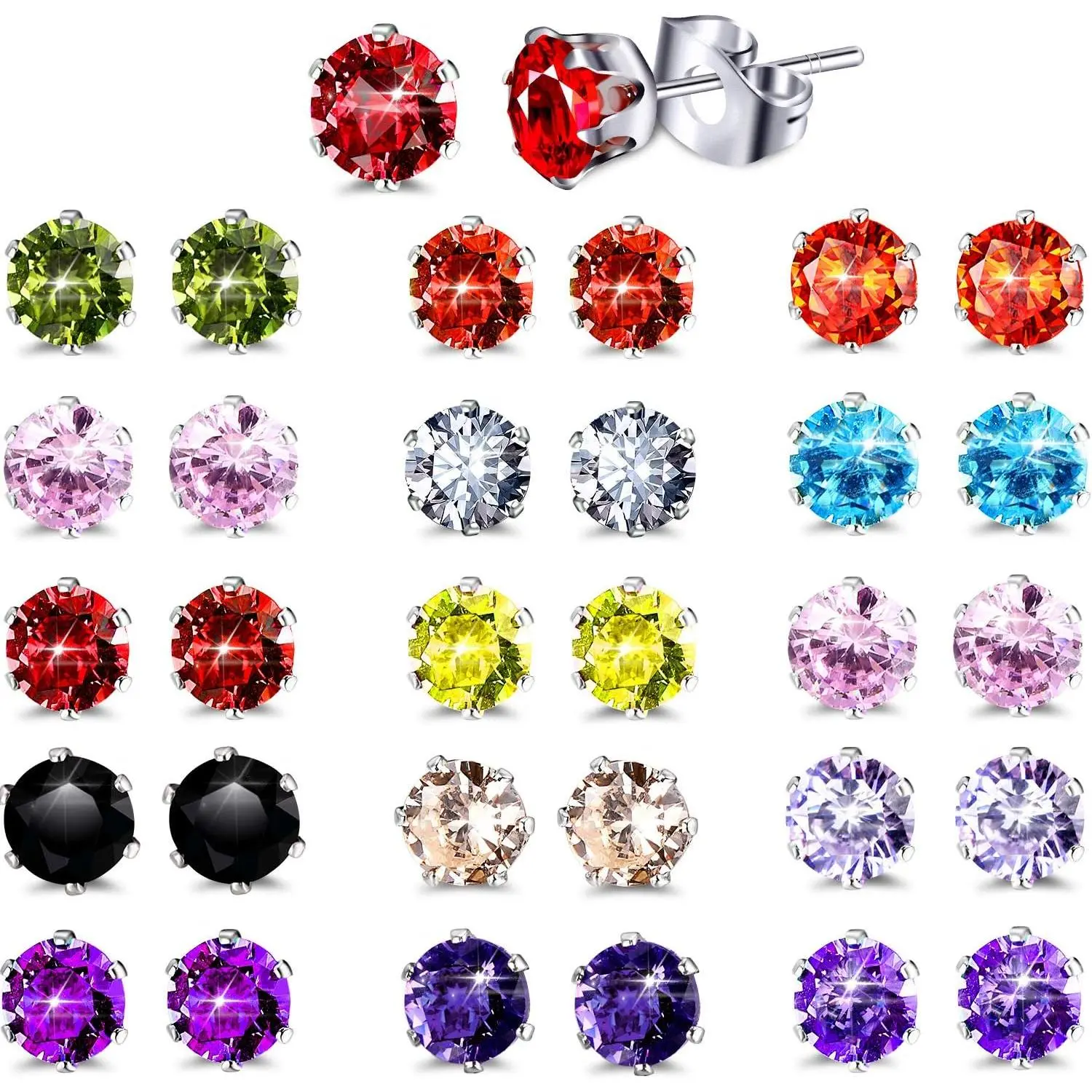 Stud Earrings Set, 15 Pairs of Stainless Steel Hypoallergenic Cubic Zirconia Birthstone Earrings for Women & Girls, Women's Fashion