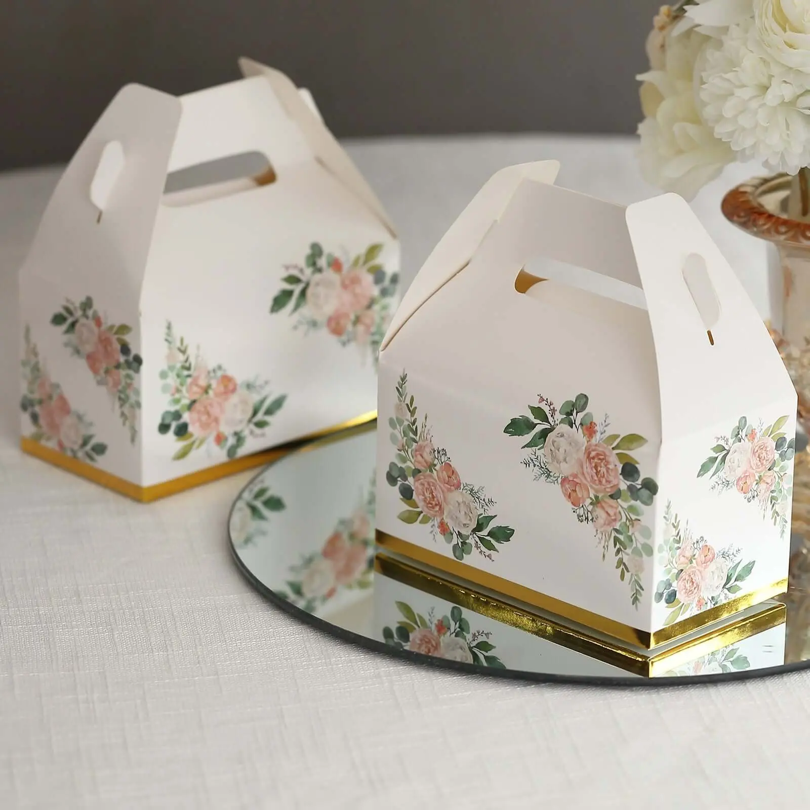 25-Pack Elegant White & Pink Peony Print Gable Tote Boxes with Gold Edge, Birthday Gift Boxes, Candy Treat Office Wrapping Supplies - 6"x3.5"x7", Birthday Gift Box, Elegant Gift Box
