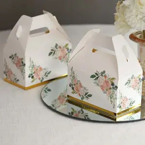25 Pack White Pink Peony Flowers Print Party Favor Tote Gable Boxes with Gold Edge, Candy Treat Gift Boxes - 6"x3.5"x7"