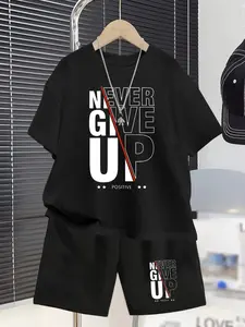 Boys' Star Letter Pattern Casual Summer Short Sleeve Set, Matching Clothing Set, Outdoor Sports Fashion T-Shirt & Shorts Two-Piece Set