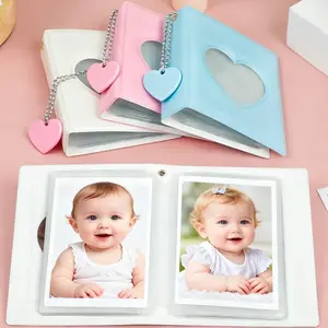 Mini Baby Photo Album Heart Shape Card Holder, Inner Photo Keeper, 3 Inch Mini Idol Picture Storage Box, 32 Pocket Cards Organizer for Infant Growth Memorabilia Photocard Album