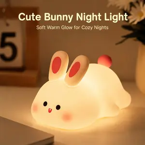 Cute Bunny Night Light for Kids, Rechargeable Silicone Rabbit Lamp, 3-Level Dimmable Warm Light, Auto-Off Timer, Tap Control, Birthday Gift