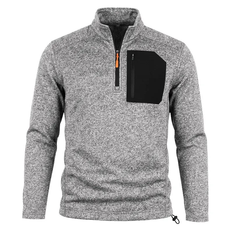Men’s Light Gray Fleece Half-Zip Stand Collar Sweatshirt, Autumn/Winter American Workwear Warm Top, Long Sleeves, Color-Block Zipper Pockets, Abrasion-Resistant, Versatile Soft Base Layer for Outdoor Casual Commuting