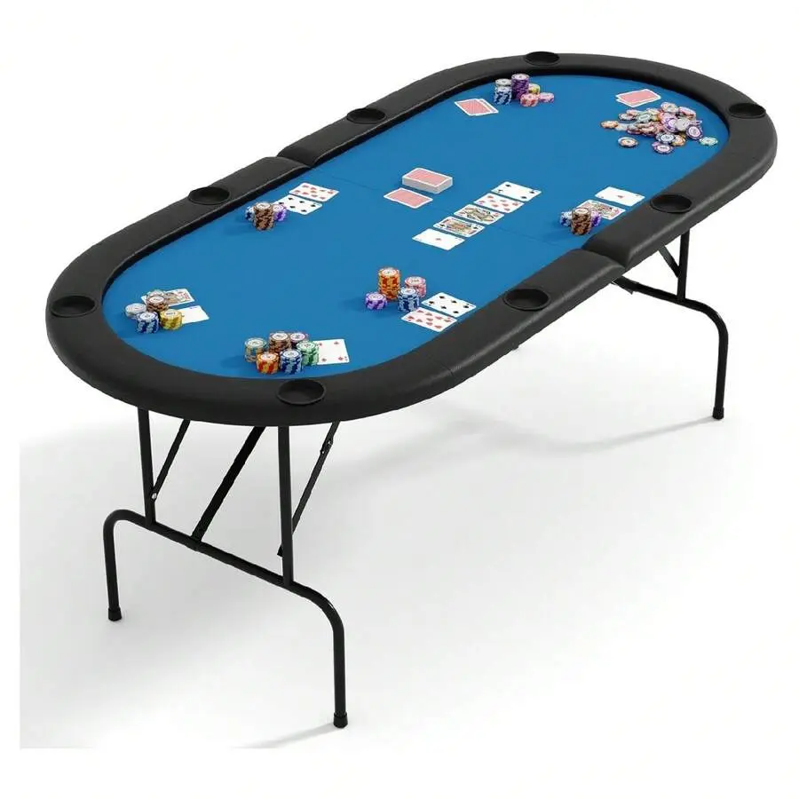 8 Player Oval Poker Game Table, 82" Poker Tables With Collapsible Legs, Padded Rails & Cup Holders, Portable Poker Table For Texas Holdem Poker And Blackjack Mobile Standing Desk Wheels coffee Marble Dining