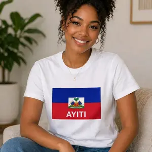 Men's Ayiti Haitian Flag Classic Cultural Menswear Tee - Ribbed, Draped, Relaxed Casual Fit, Short-Sleeve Haiti Print Top